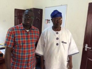 Director, Deprtment of Climate Change, Federal Ministry of Environment, Dr Samuel Adejuwon (left), with Prof Jerome Omotosho, West Africa Science Service Centre and Adaptive Land-use (WASCAL) Centre in the Federal University of Technology (FUT) in Akure, Ondo State, in Omotosho's office at the WASCAL Centre, on Wednesday