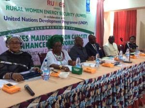 The high table: L-R: Engr. Mrs Bahijjahtu Abubakar (National Coodinator, Renewable Energy Programme of the Federal Ministry of Environment), Chief Mrs Felicia Sani (President General, Market Women Organisation), Sir John Odey (Chairman of RUWES Advisory Board and erstwhile Environment Minister), Mr Daouda Toure (Resident Coordinator, United Nations Systems in Nigeria), Mr Luka Jonathan Mangset (Director, Enterprises, Development & Promotions, representing Permanent Secretary in the Federal Ministry of Youth and Development) and Engr. mrs Valerie gberagba (representing President of the Nigerian Institute of Engineers - NSE)