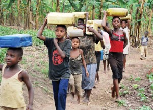 In Uganda and several other developing countries, children and women are the main collectors of domestic water. They often walk long distances to fetch water. 