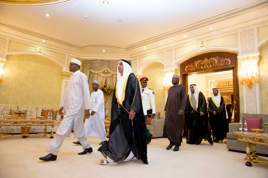 President Buhari being received by Sheikh Sultan Bin Zayed and Ambassador of Nigeria to UAE Amb. Ibrahim Auwalu in Abu Dhabi 