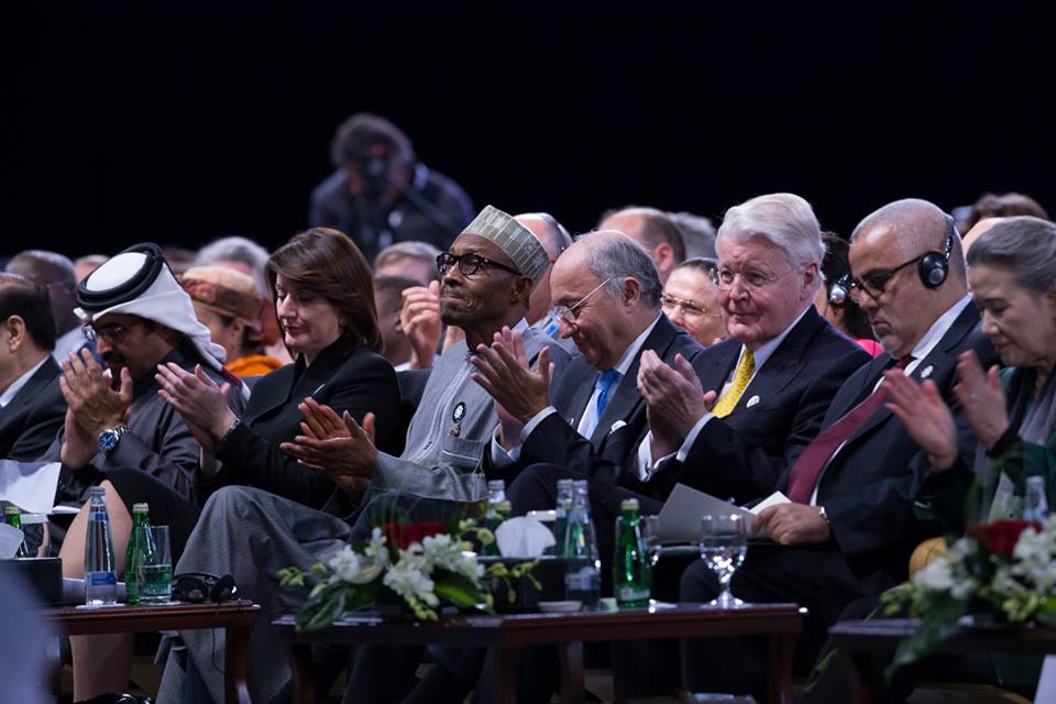 President Buhari with H.E. Olafur Ragnar Grimsson President of Iceland during a reception prior to the Opening ceremony of the World Future Energy Summit 2016 at Abu Dhabi National Exhibition Centre (ADNEC) 