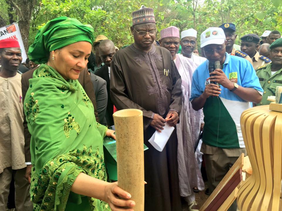 The Minister with the Minister of State, Ibrahim Usman Jibril, inspecting a timber product 