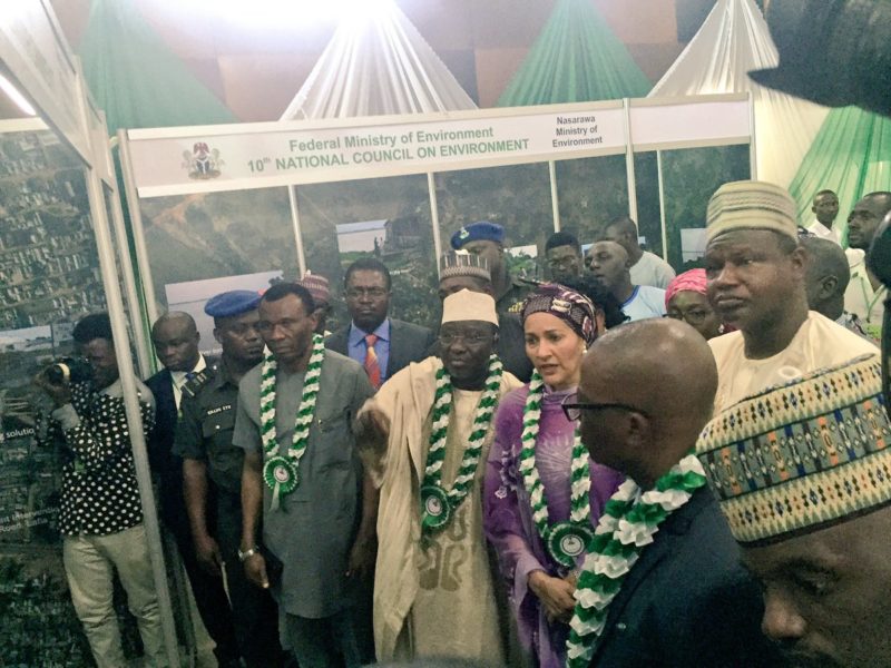 Gov. Umaru Tanko Al-makura and the Environment Minister, Amina Mohammed, visit an exhibition stand