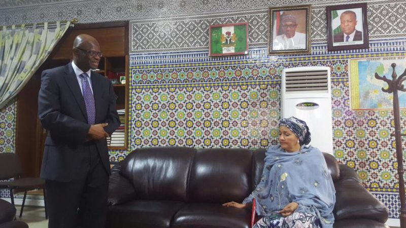 Amina Mohammed being received at the Nigerian Mission in Rabat by Ibrahim Ajadi